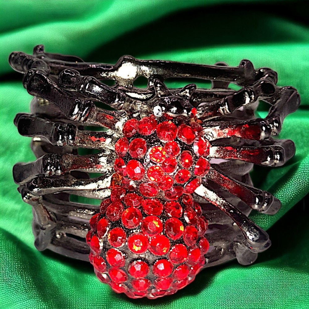 Red Rhinestone Spider Gun Metal Silver-Tone 2 3/8 Inch Wide Cuff Bracelet!